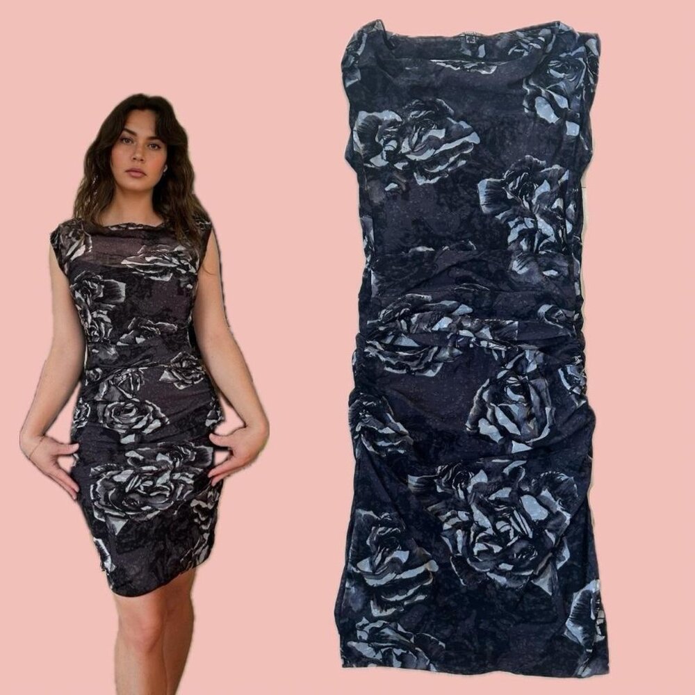 🧡 2 for 10$ Vintage Mexx Floral Mesh Dress – Sculpting Fit, Ruched Detail